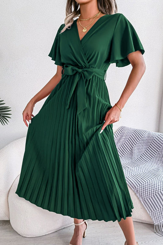 Pleated Flutter Sleeve Tie Waist Midi Dress