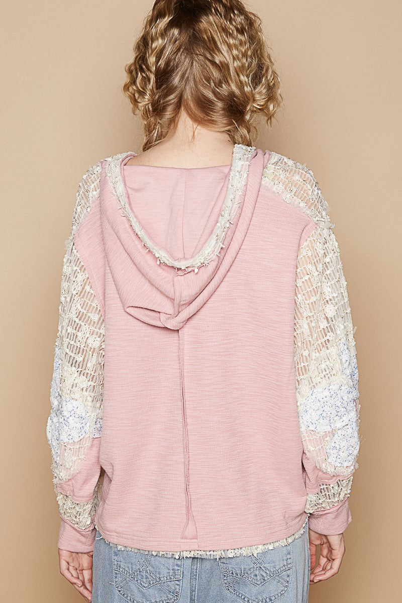 Pink Star Patch Lace Sleeve Hooded Top