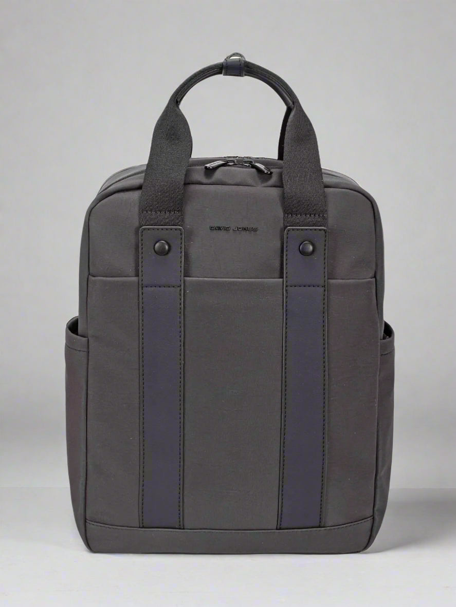 Dark gray backpack with black straps on a white background