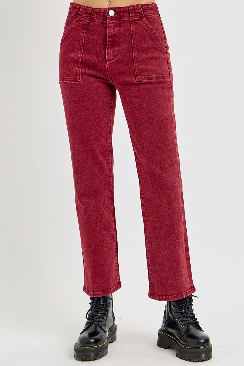 High Rise Straight Leg Jeans in Wine