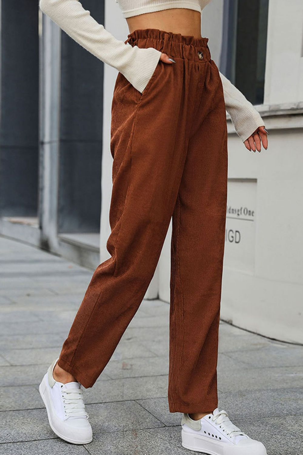 Paperbag Waist Straight Leg Pants in Coffee