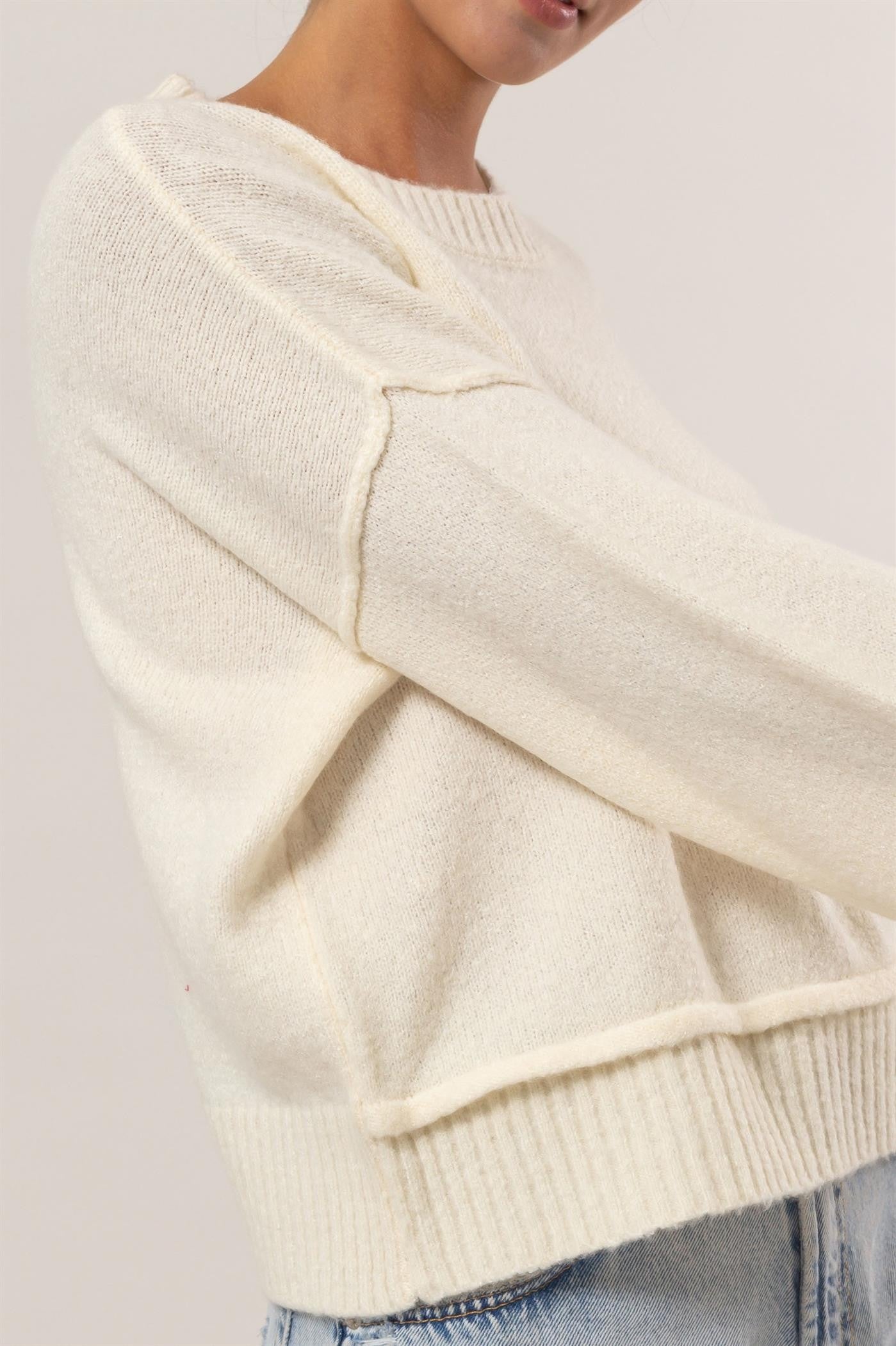 Dropped Shoulder Rib Knit Sweater in Cream