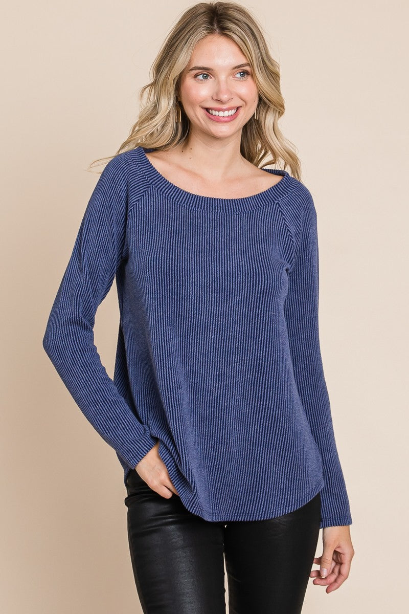 Navy Rib Knit Boat Neck Top