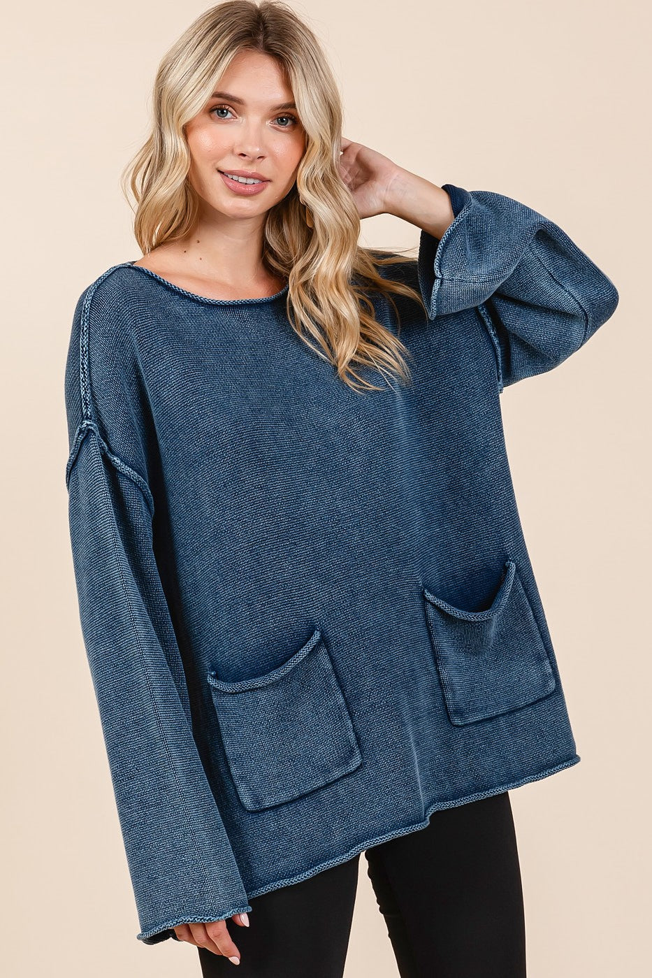 Mineral Wash Sweater with Pockets in Midnight