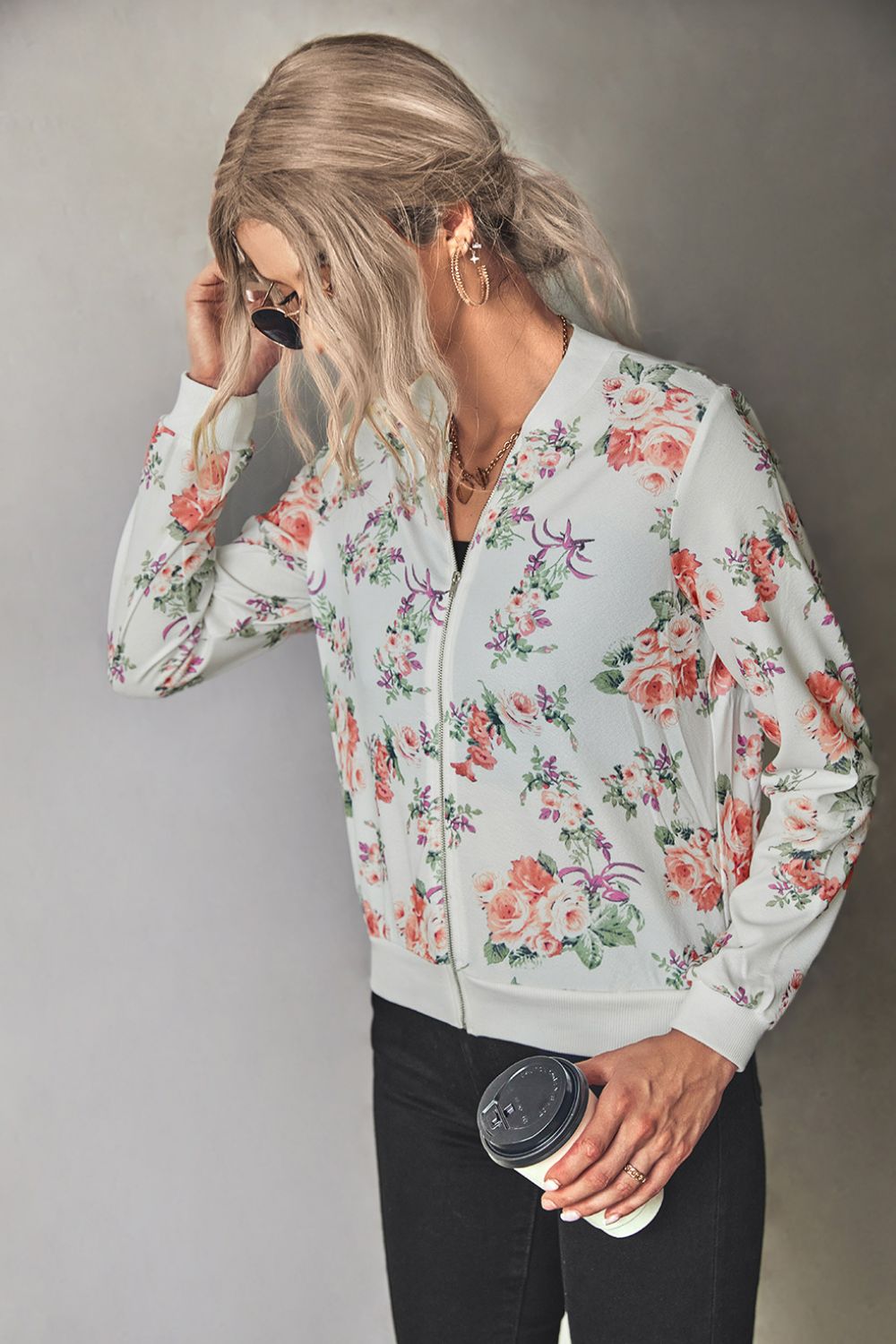 Floral Zip Up Bomber Jacket