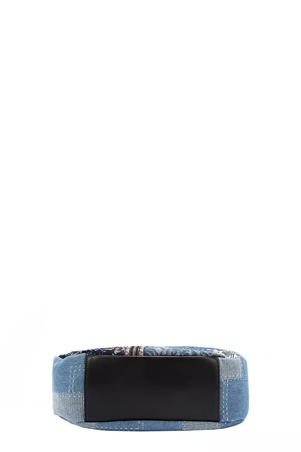 Blue denim-style band with a black screen on a white background