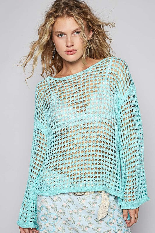 Mint Blue Openwork Long Sleeve Knit Tunic Top