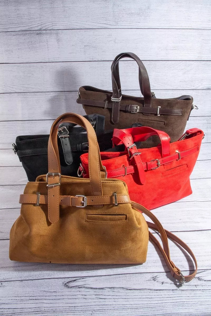 Crimson Vegan Suede Buckle Tote Bag