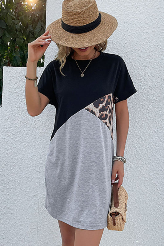 Black & Gray Color Block Leopard Mini Tee Dress