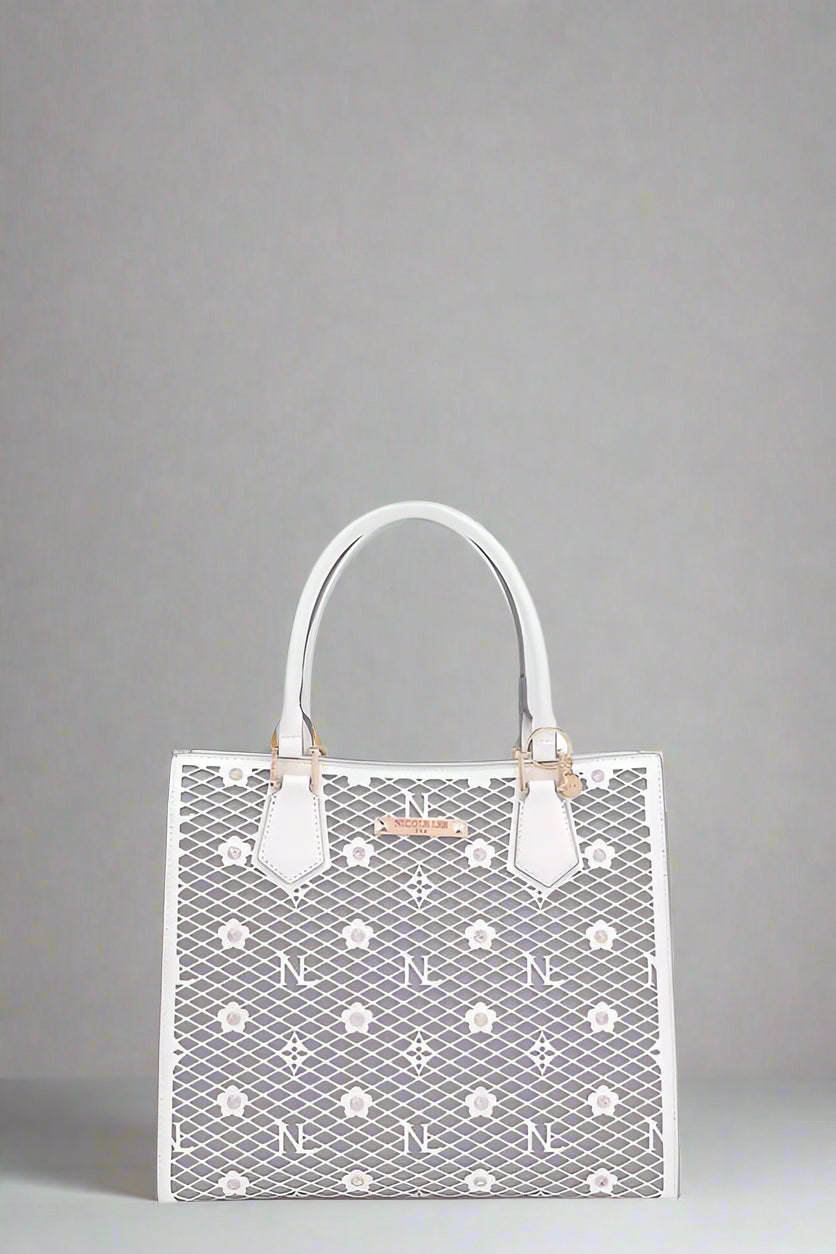 Clear handbag with floral pattern and brand logo on a white background