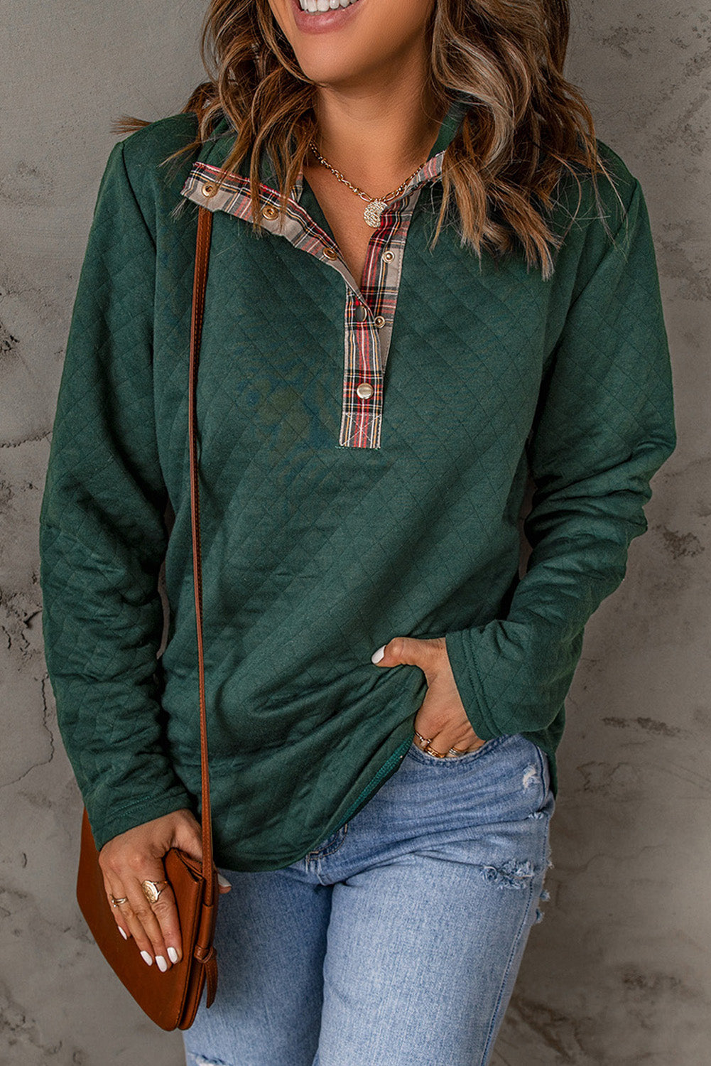 Green Plaid Accent Quilted Sweatshirt