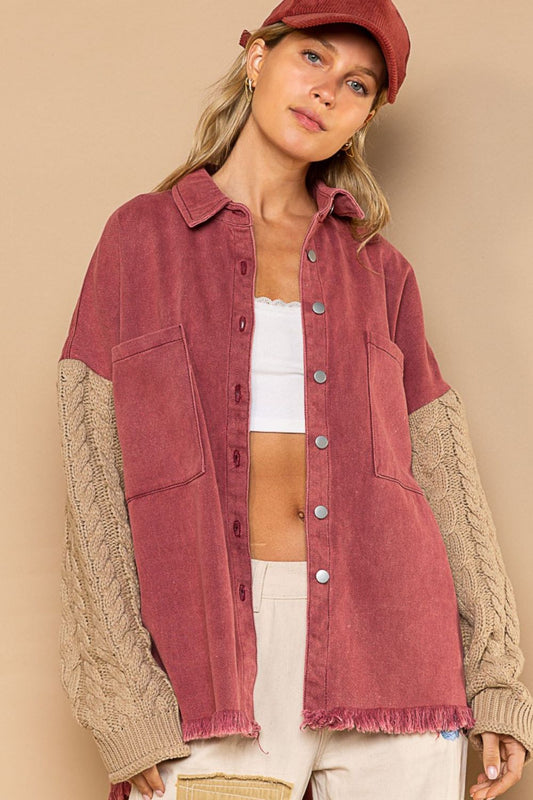 Contrast Sweater Sleeve Button Down Shacket in Rose Beige