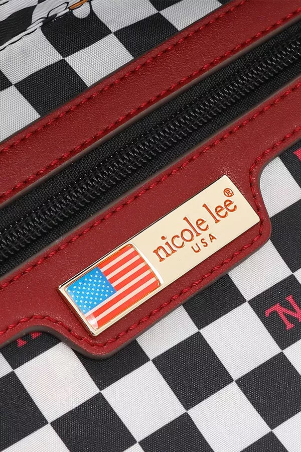  Nicole Lee bag with American flag label on a checkered background