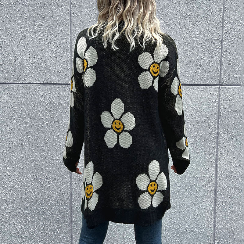 Black Floral Button Down Longline Cardigan