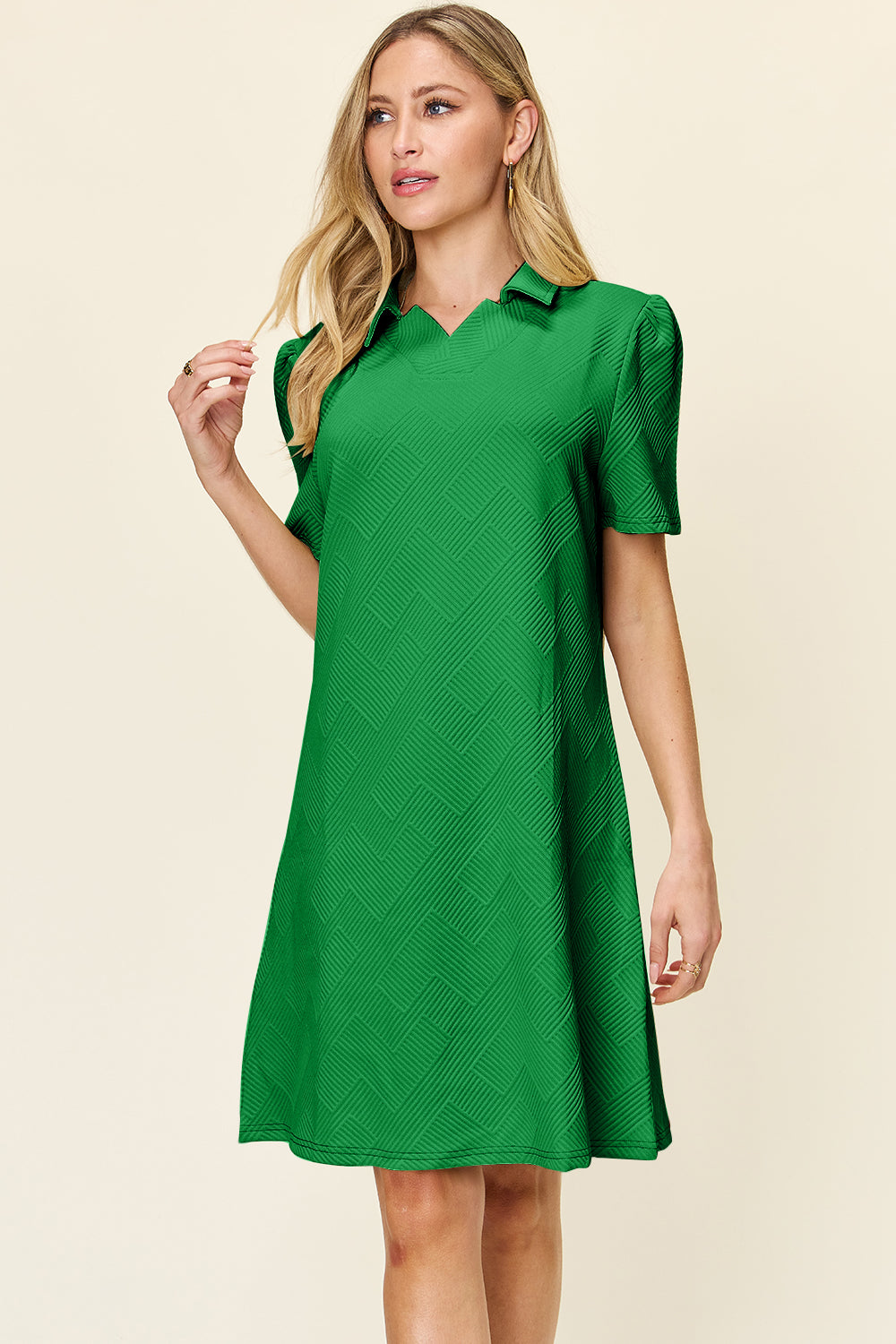 Textured Short Sleeve Knee-Length Shirt Dress