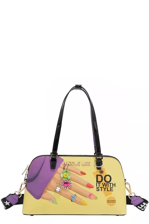 Handbag with nail art design and text on a white background