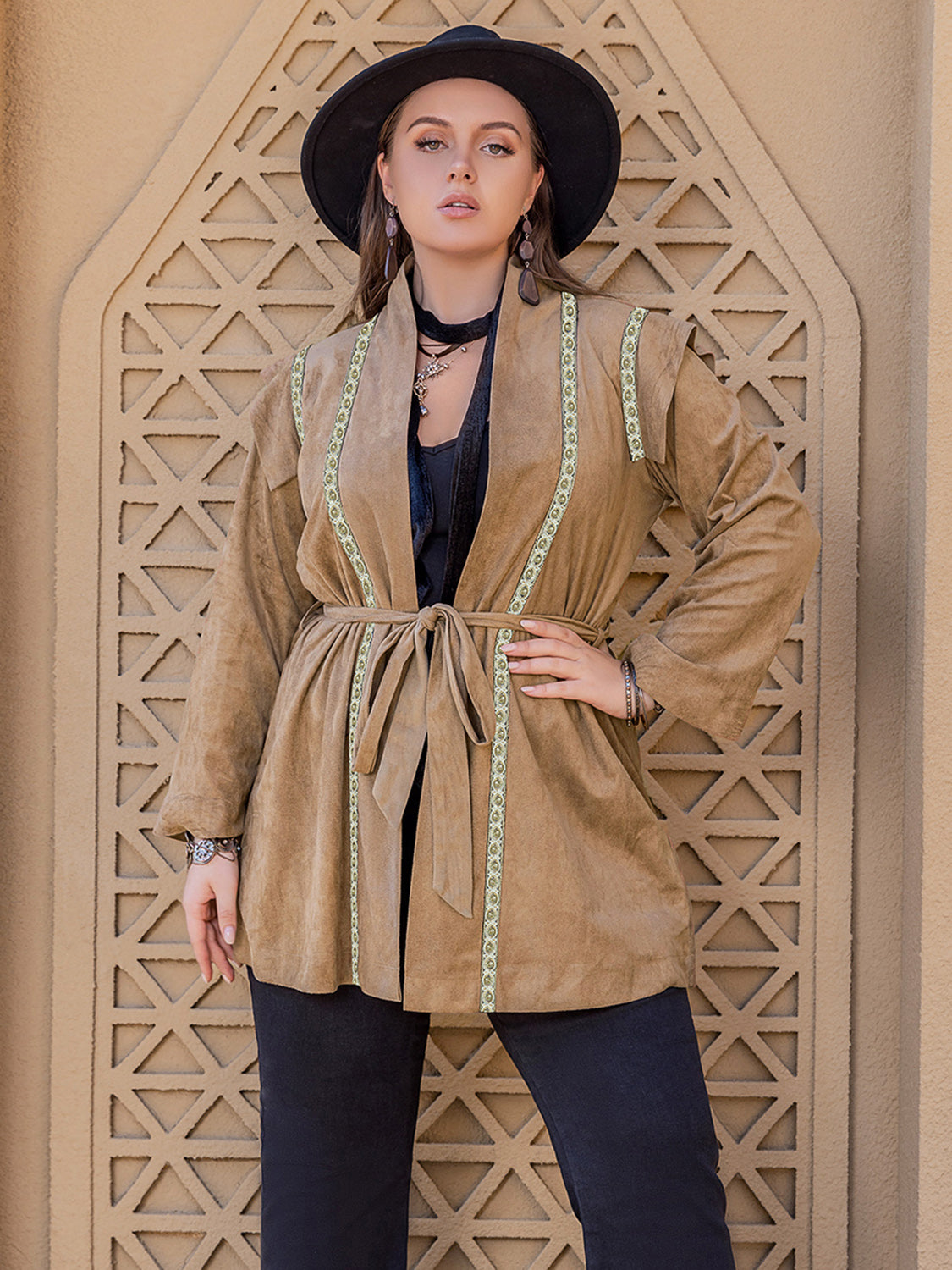 Plus Size Long Sleeve Tie Waist Topper in Camel