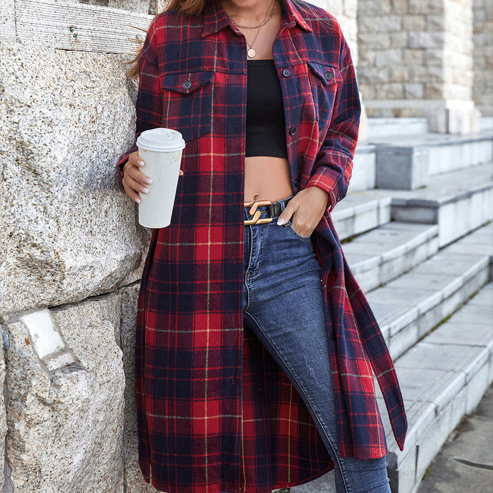 Red Plaid Belted Longline Shirt Jacket