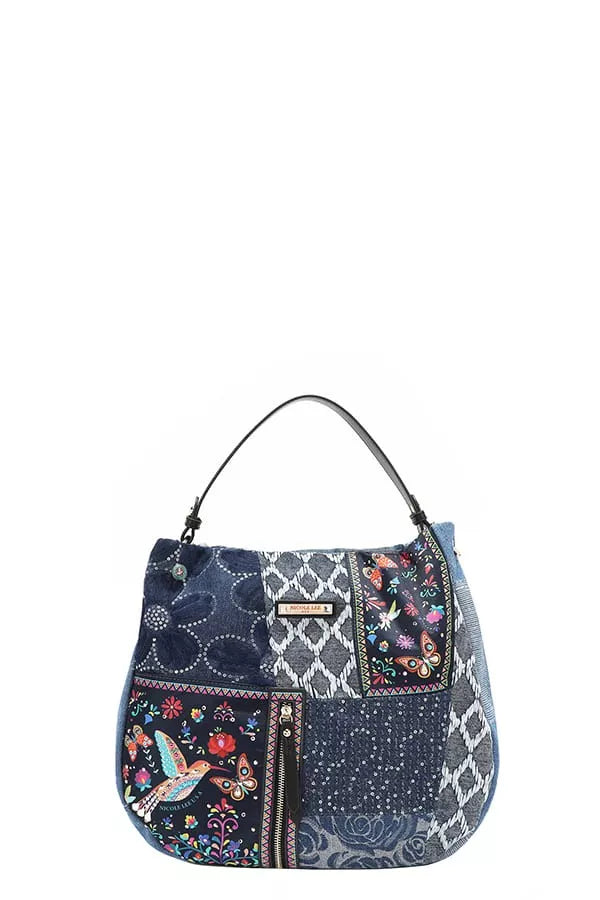 Multicolored patterned handbag with floral and geometric designs on a white background