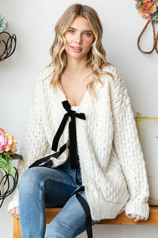 Tie Closure Open Knit Cardigan in Ivory