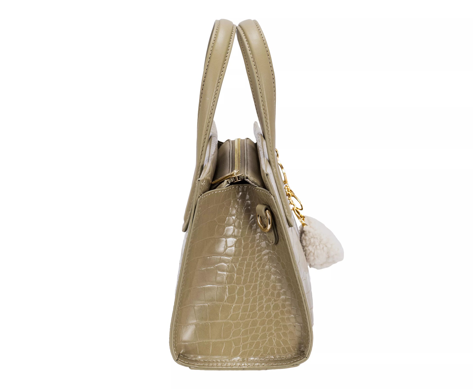 Beige handbag with gold handle and decorative chain on a white background