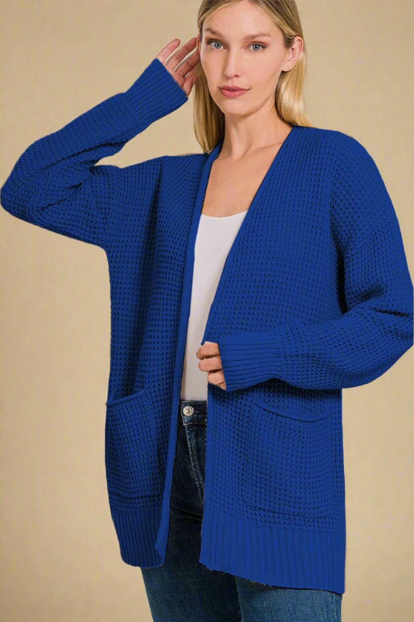 Waffle Knit Open Front Cardigan in Light Navy