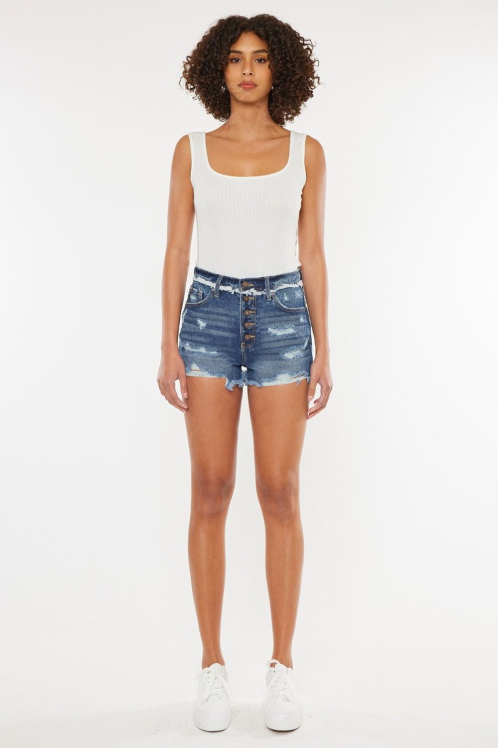 Dark Wash Distressed Button Fly Denim ShortsShortsKancan