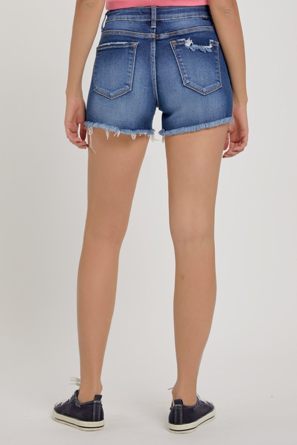 Dark Wash Mid-Rise Distressed Denim ShortsShortsRISEN