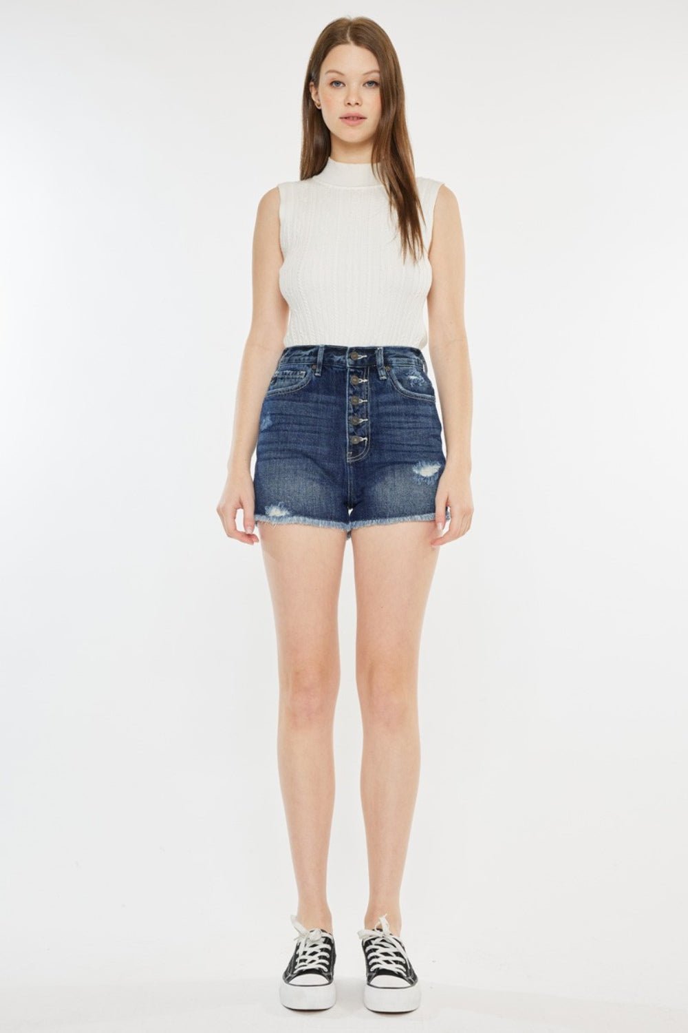 Dark Wash Raw Hem Button Fly Denim ShortsShortsKancan