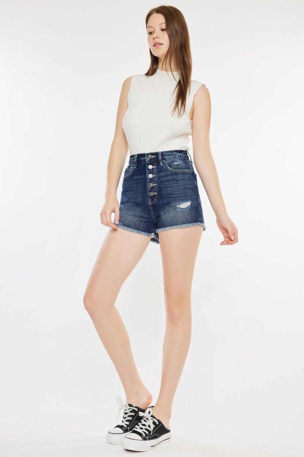 Dark Wash Raw Hem Button Fly Denim ShortsShortsKancan