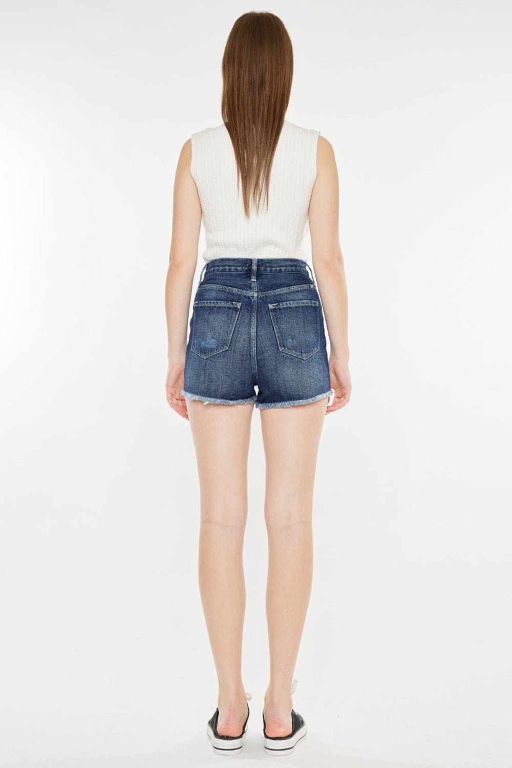 Dark Wash Raw Hem Button Fly Denim ShortsShortsKancan