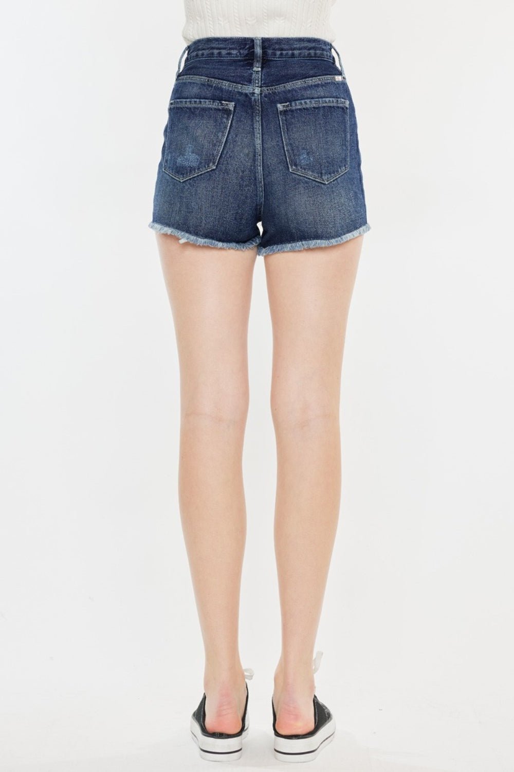 Dark Wash Raw Hem Button Fly Denim ShortsShortsKancan