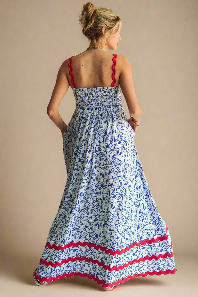 Davi & Dani - Abstract Print Maxi Dress – Blue & White with Red Trim