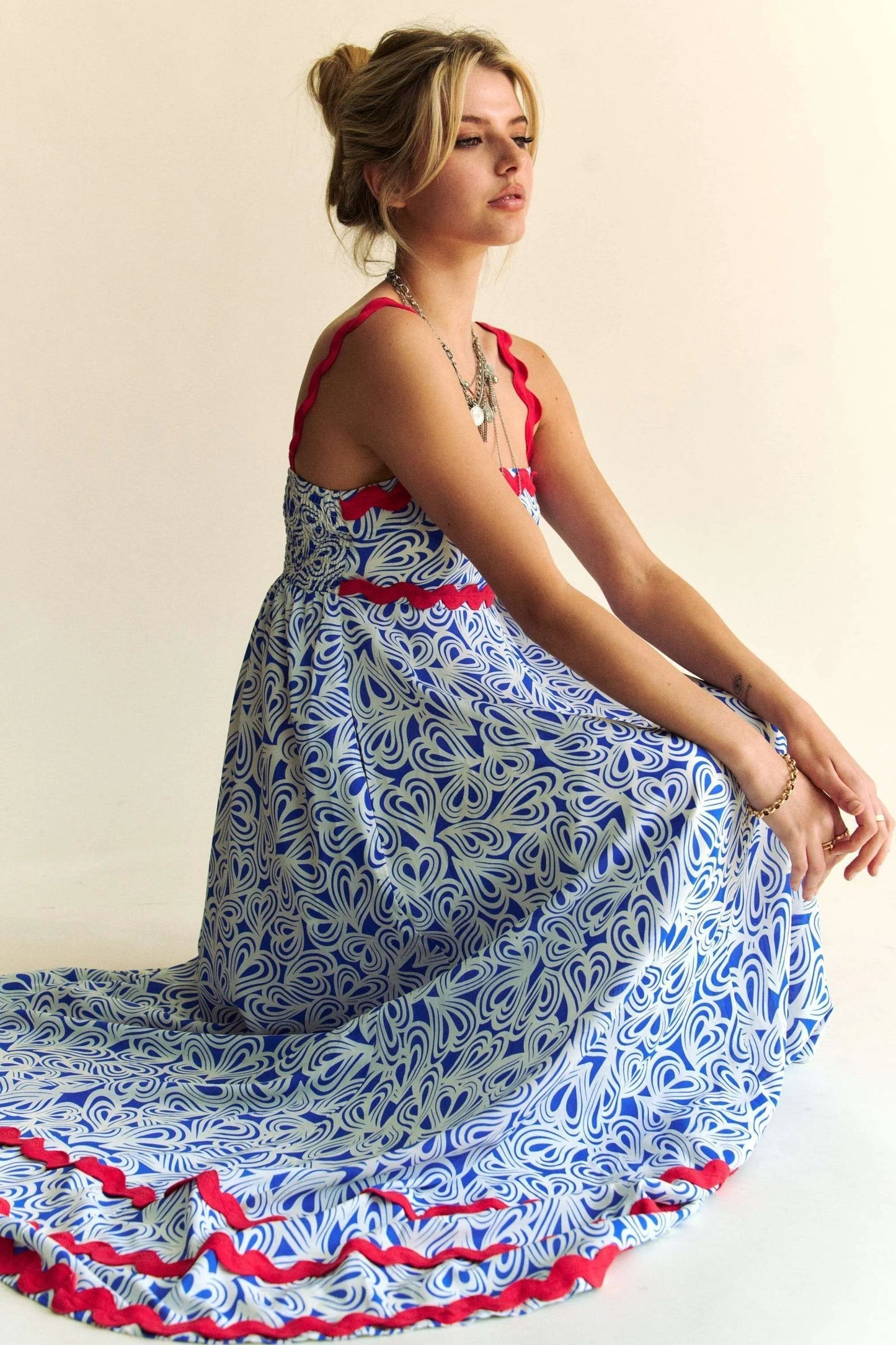 Davi & Dani - Abstract Print Maxi Dress – Blue & White with Red Trim