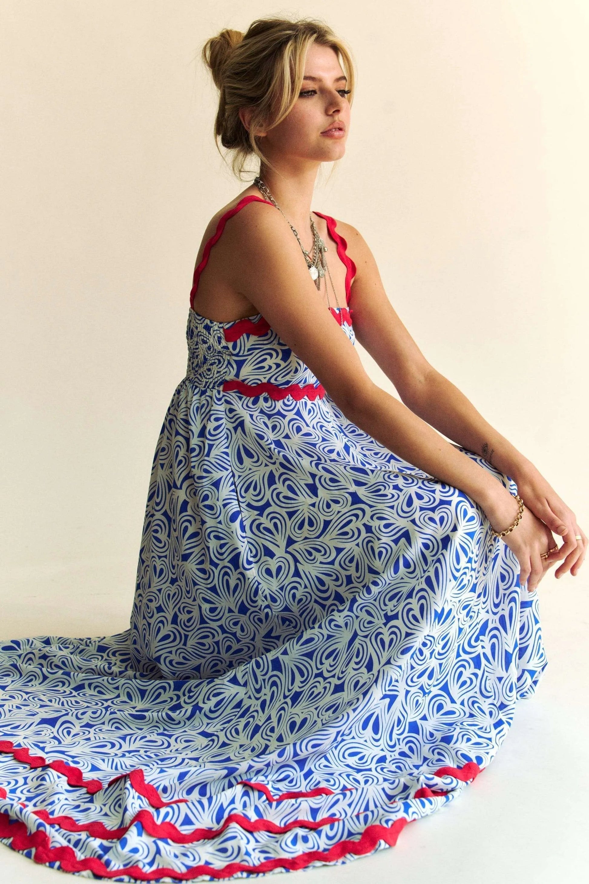 Davi & Dani - Abstract Print Maxi Dress – Blue & White with Red Trim
