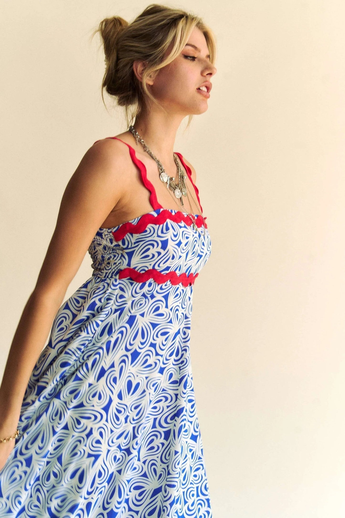 Davi & Dani - Abstract Print Maxi Dress – Blue & White with Red Trim