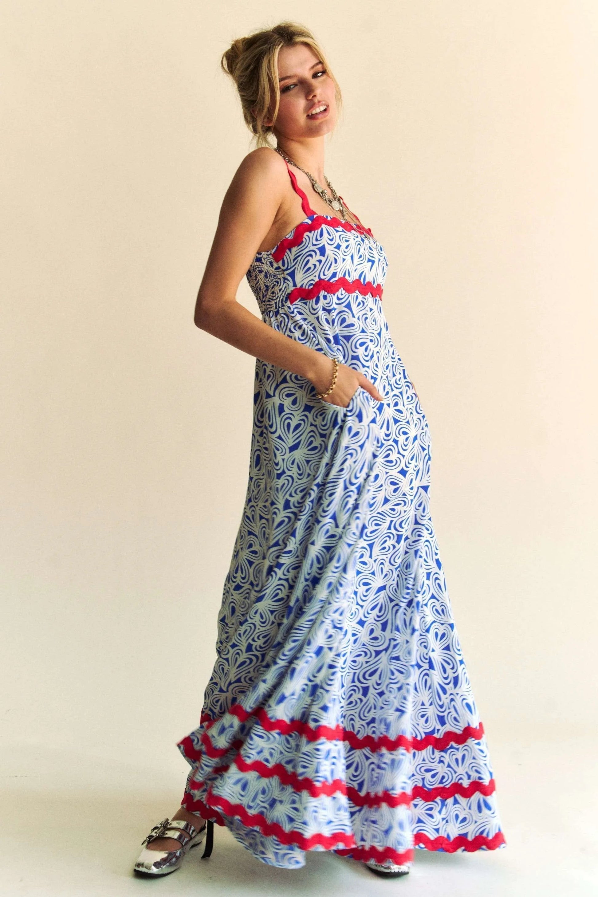 Davi & Dani - Abstract Print Maxi Dress – Blue & White with Red Trim