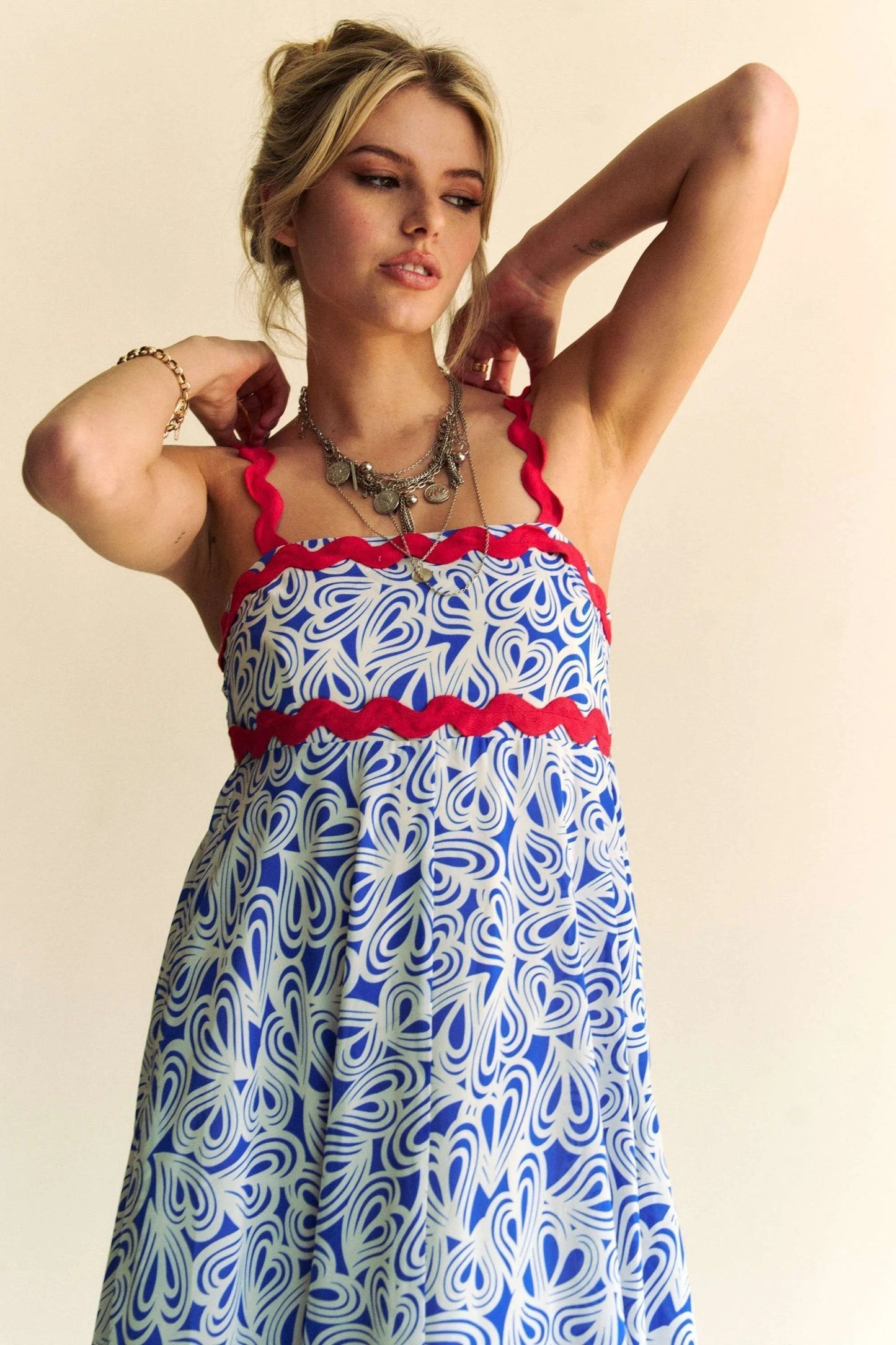 Davi & Dani - Abstract Print Maxi Dress – Blue & White with Red Trim