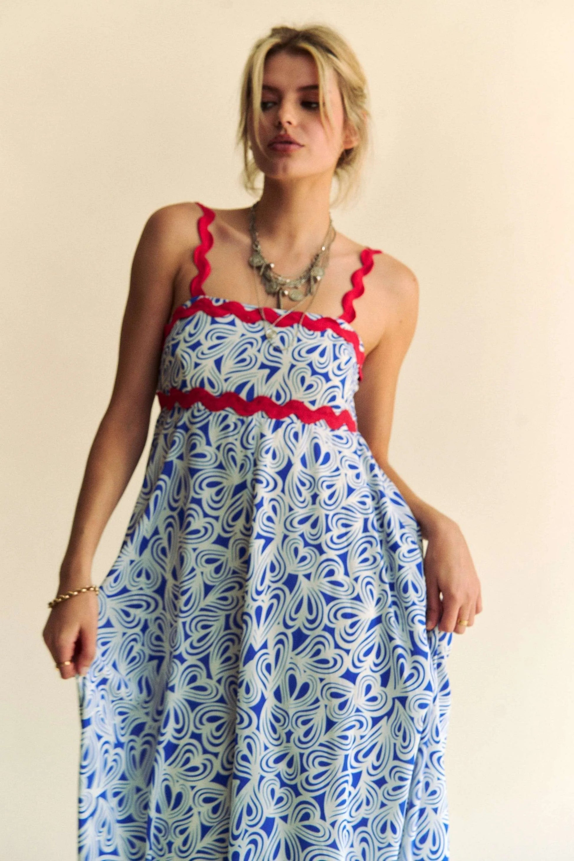 Davi & Dani - Abstract Print Maxi Dress – Blue & White with Red Trim