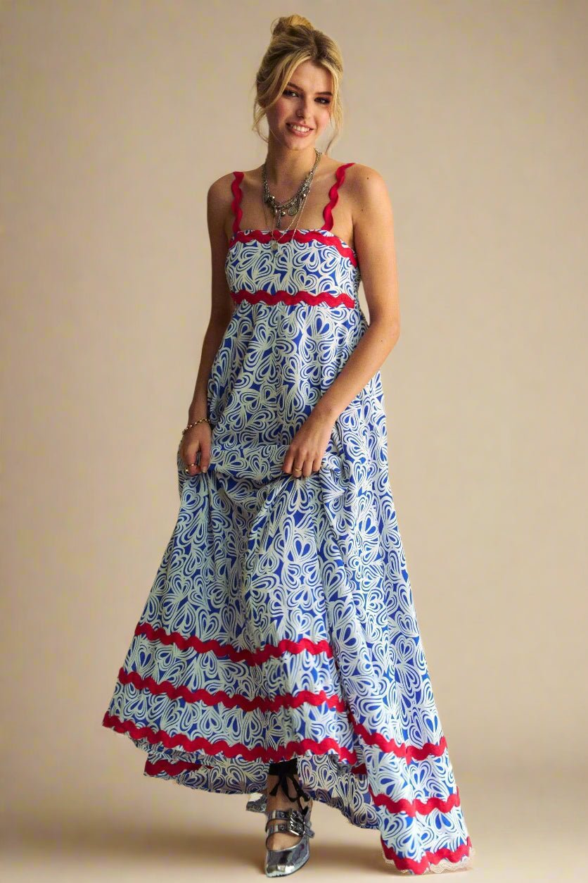 Davi & Dani - Abstract Print Maxi Dress – Blue & White with Red Trim