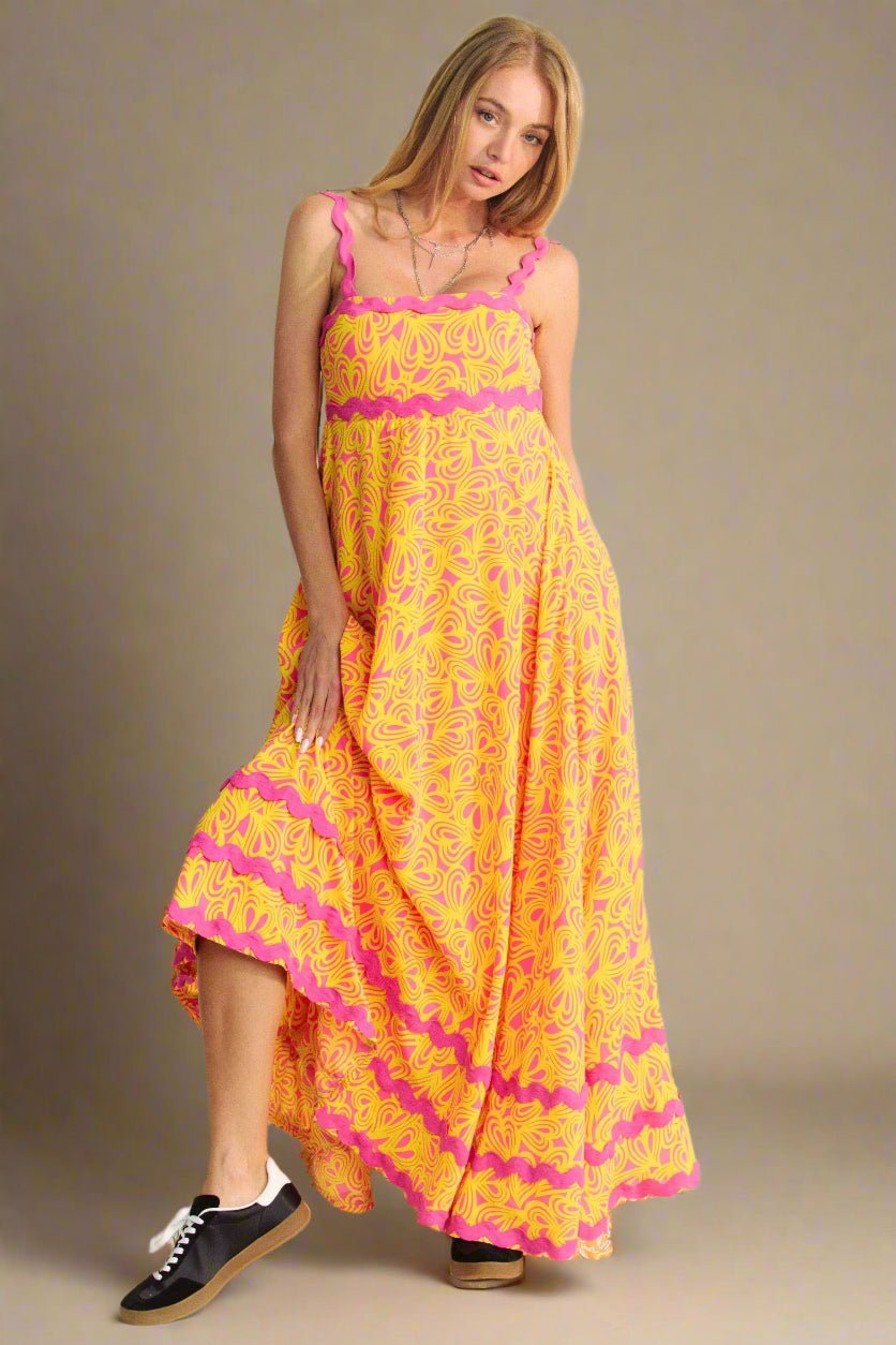 Davi & Dani - Abstract Print Maxi Dress – Yellow & Pink