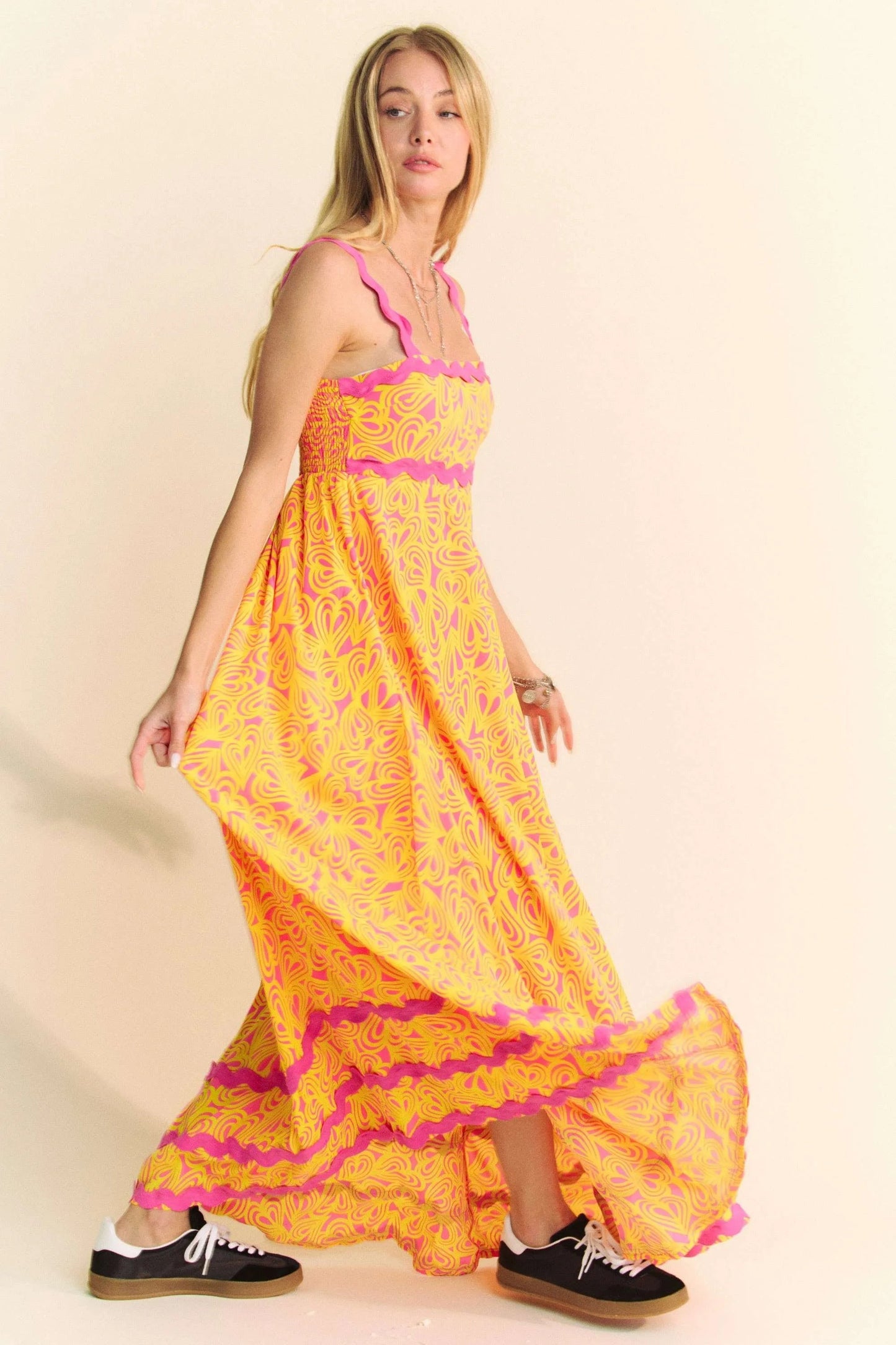 Davi & Dani - Abstract Print Maxi Dress – Yellow & Pink