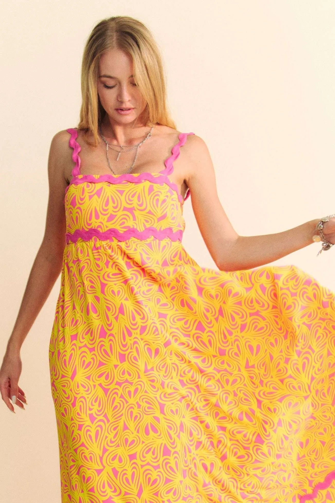 Davi & Dani - Abstract Print Maxi Dress – Yellow & Pink
