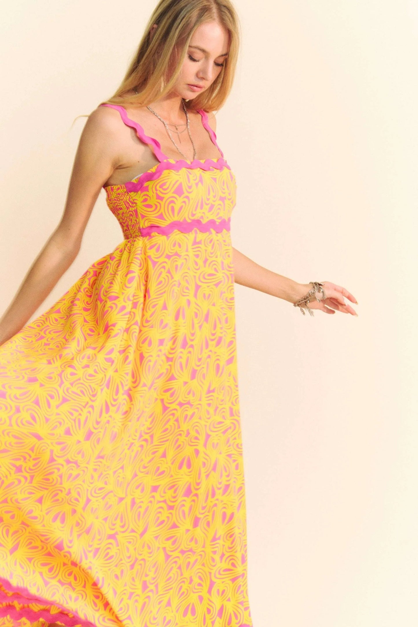 Davi & Dani - Abstract Print Maxi Dress – Yellow & Pink