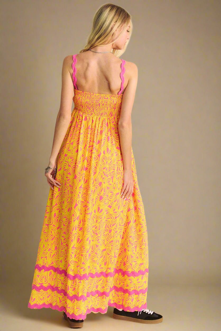 Davi & Dani - Abstract Print Maxi Dress – Yellow & Pink