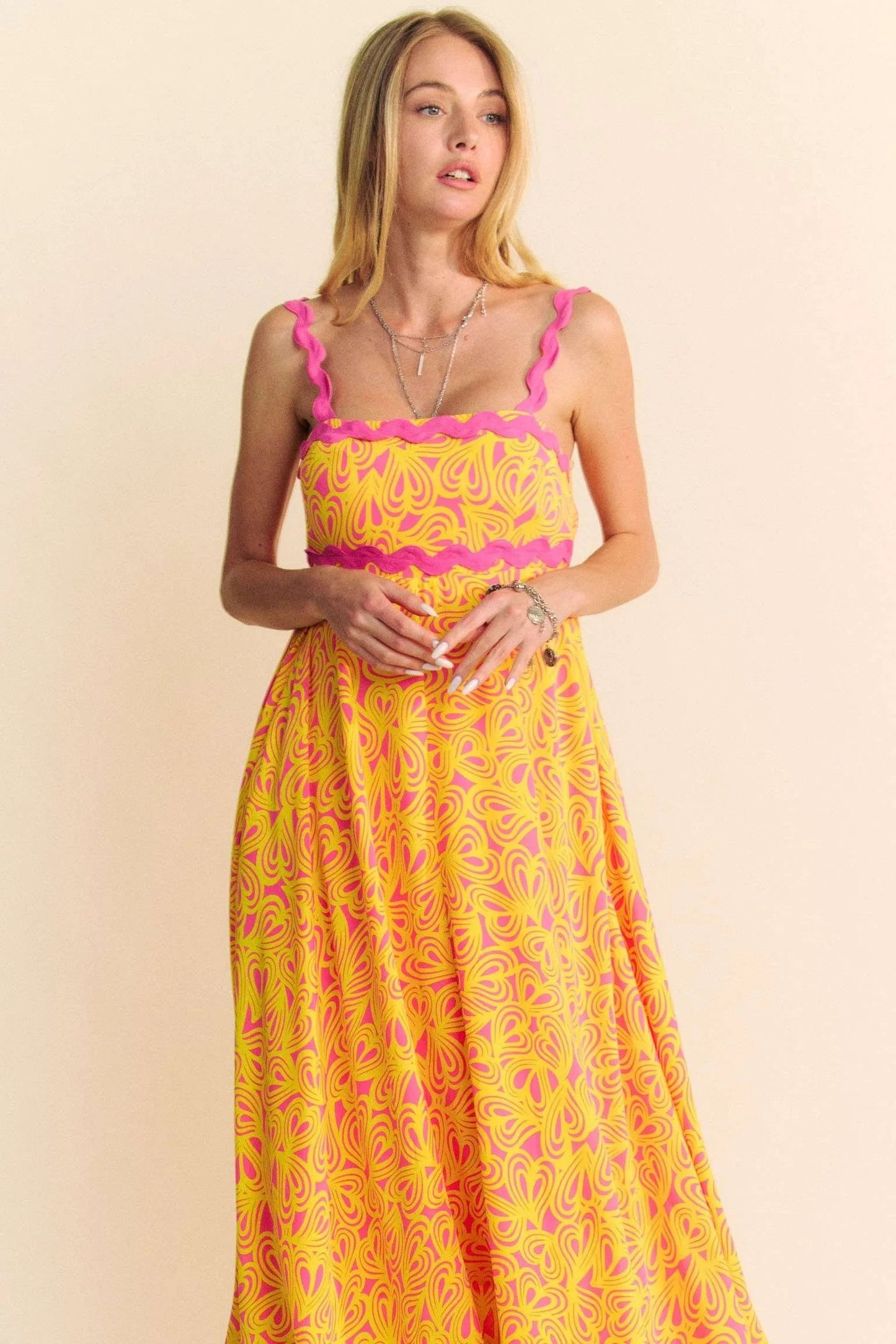 Davi & Dani - Abstract Print Maxi Dress – Yellow & Pink