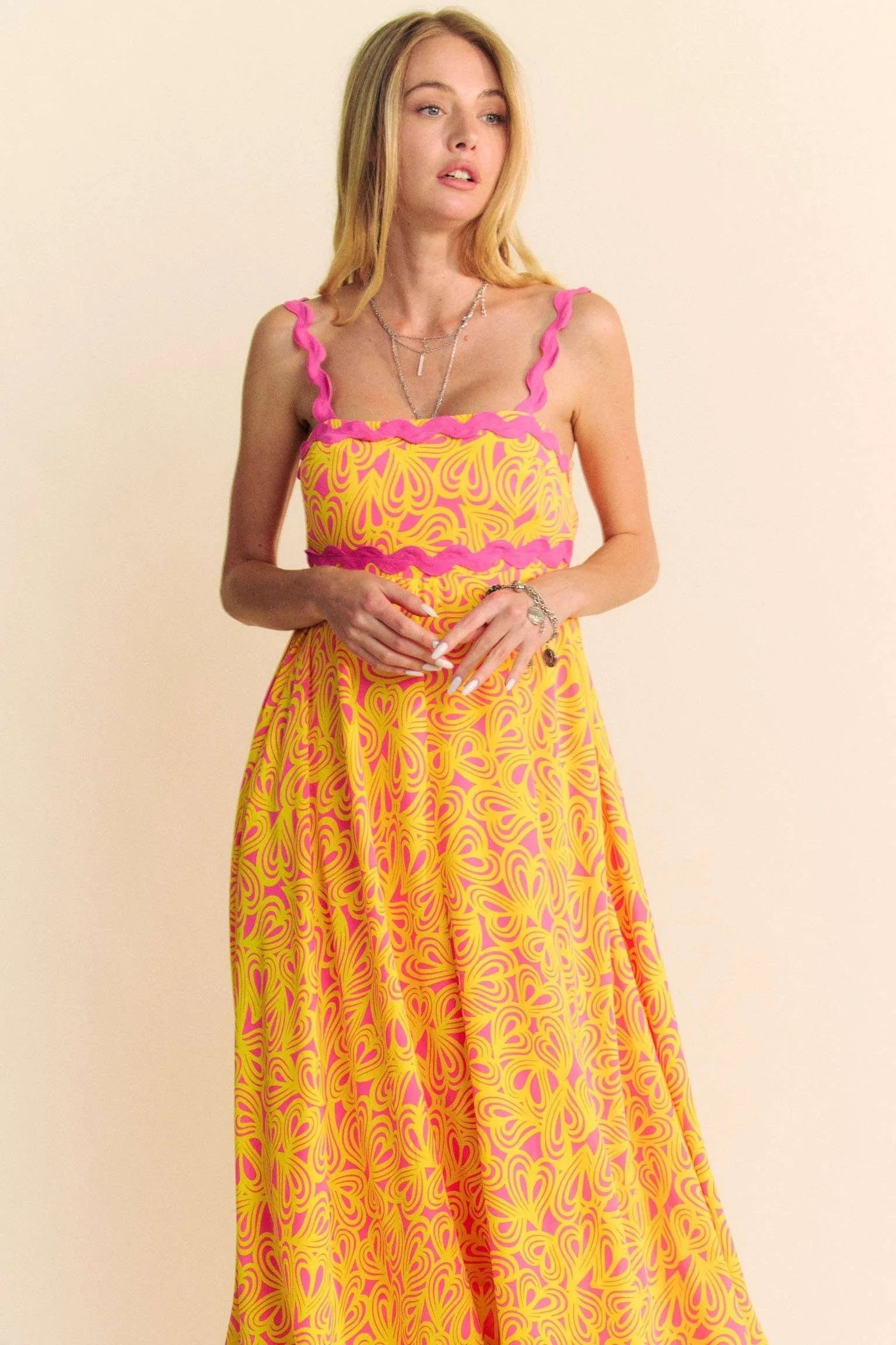 Davi & Dani - Abstract Print Maxi Dress – Yellow & Pink