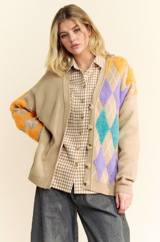 Davi & Dani - Argyle Button Front Cardigan in Tan