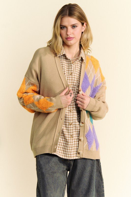 Davi & Dani - Argyle Button Front Cardigan in Tan