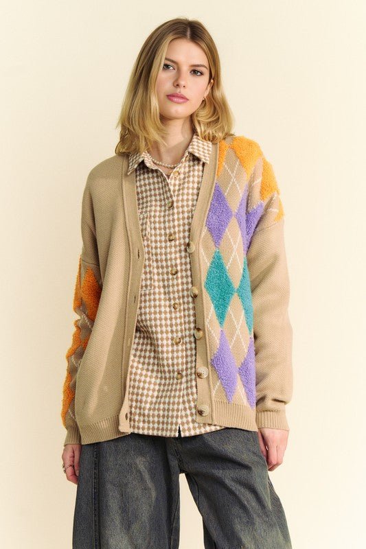 Davi & Dani - Argyle Button Front Cardigan in Tan